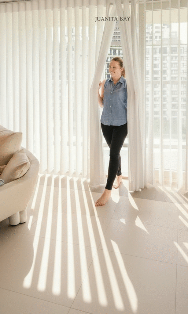 Happy woman enjoying her modern JUANITA BAY shades & blinds at home, standing near a tall window with sunlight streaming through elegant blinds. Cozy and stylish interior, emphasizing comfort, elegance, and premium quality window treatments